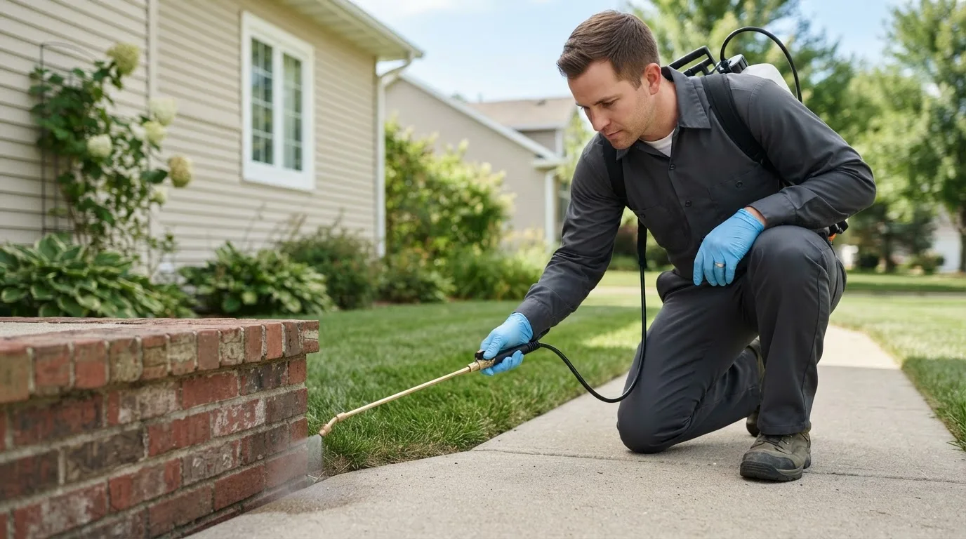 Pest control technician treating a home near East Rochester, OH