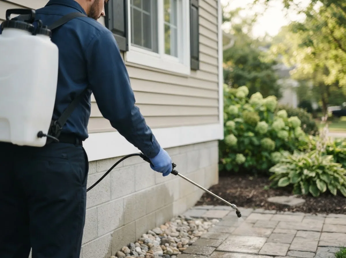 Pest control technician inspecting a home in East Rochester, OH